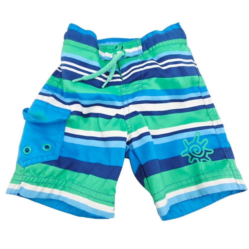 UV Skinz Boys Blue Green Striped Swim Trunks Board Shorts 12-18M